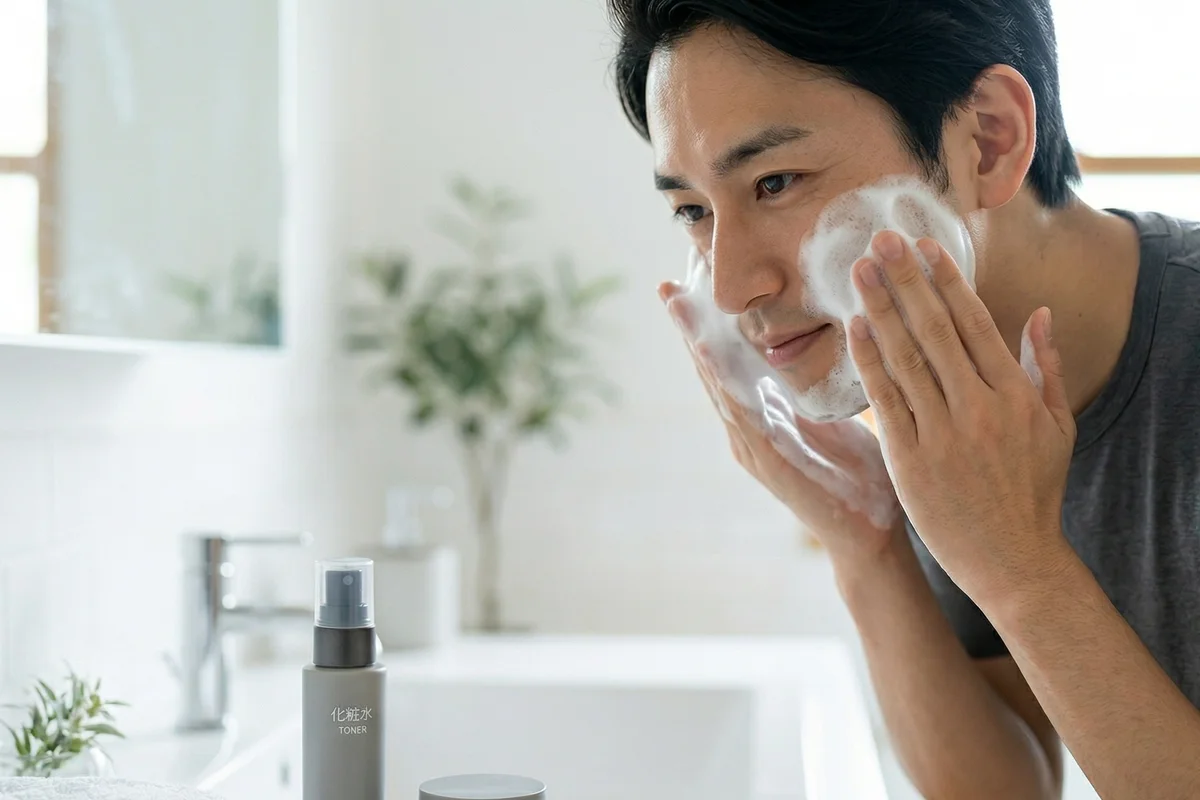 正しい洗顔方法で泡洗顔をする30代男性