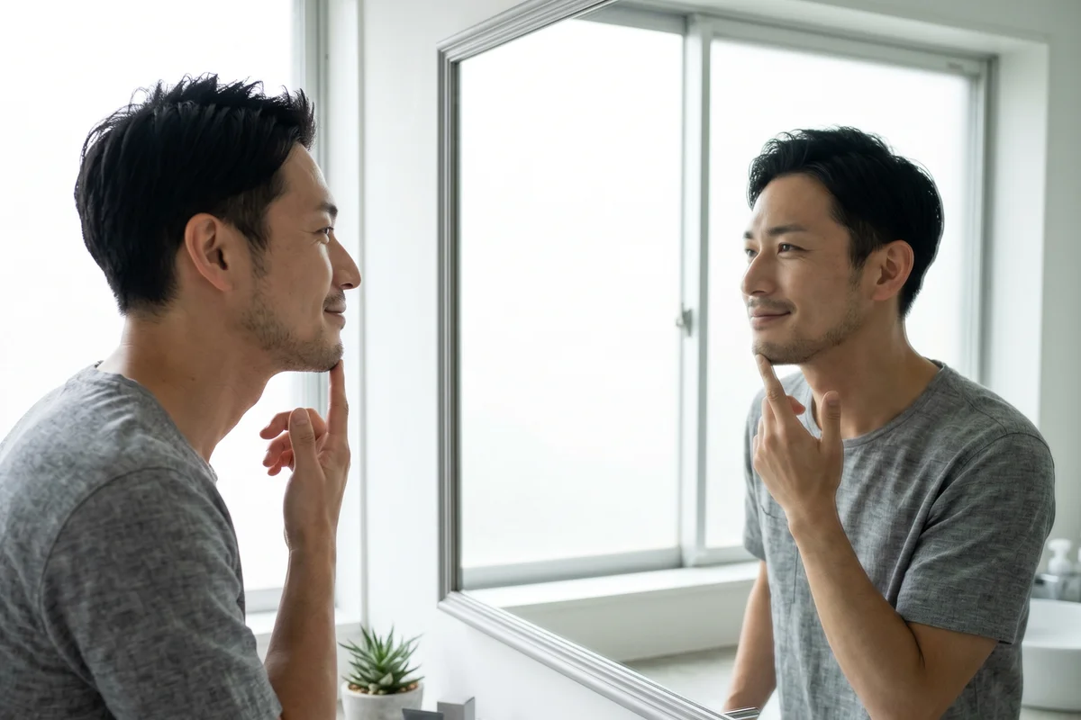 エラボトックスの効果経過|鏡でフェイスラインを確認する男性