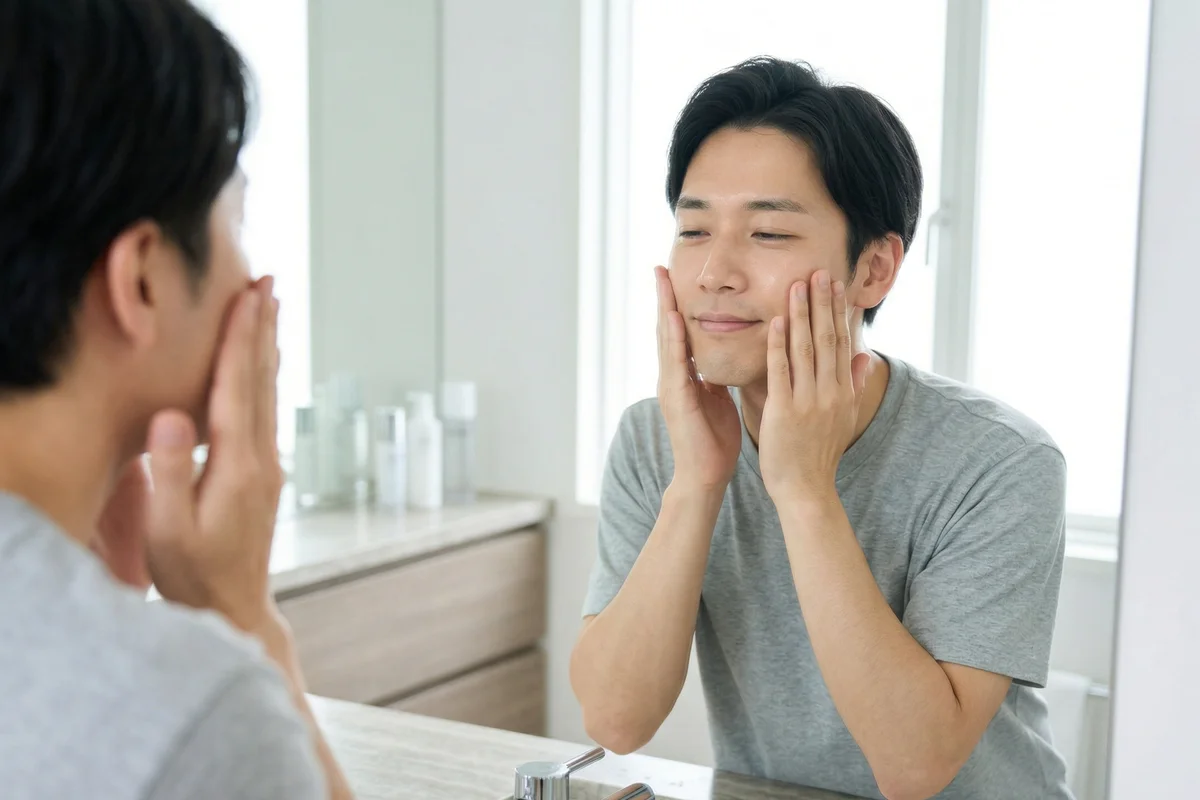 化粧水をハンドプレスでなじませる30代メンズのスキンケア