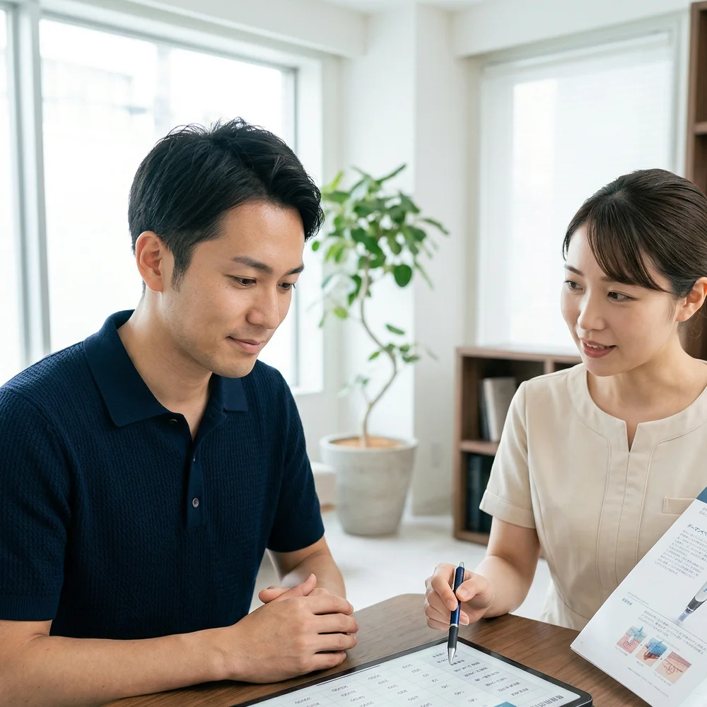 ダーマペンの費用プランについてカウンセリングを受ける30代男性