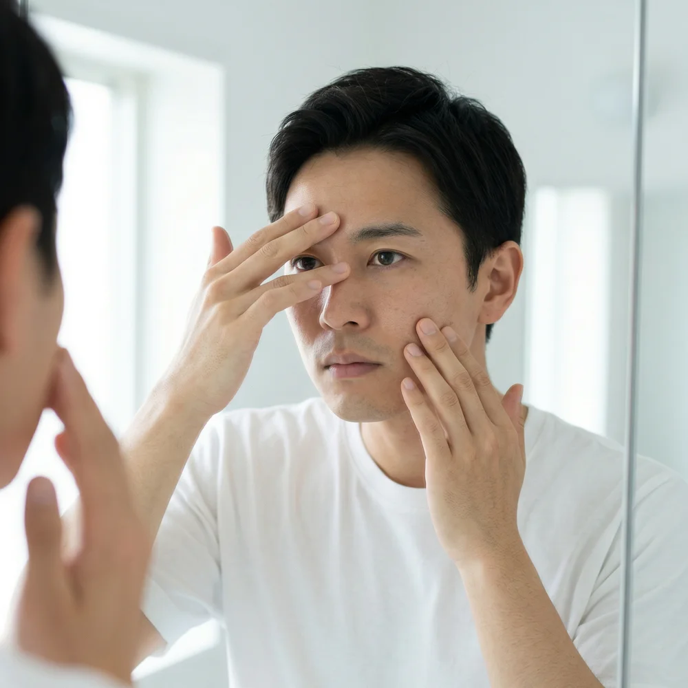 鏡で肌質をチェックする30代男性のスキンケア準備