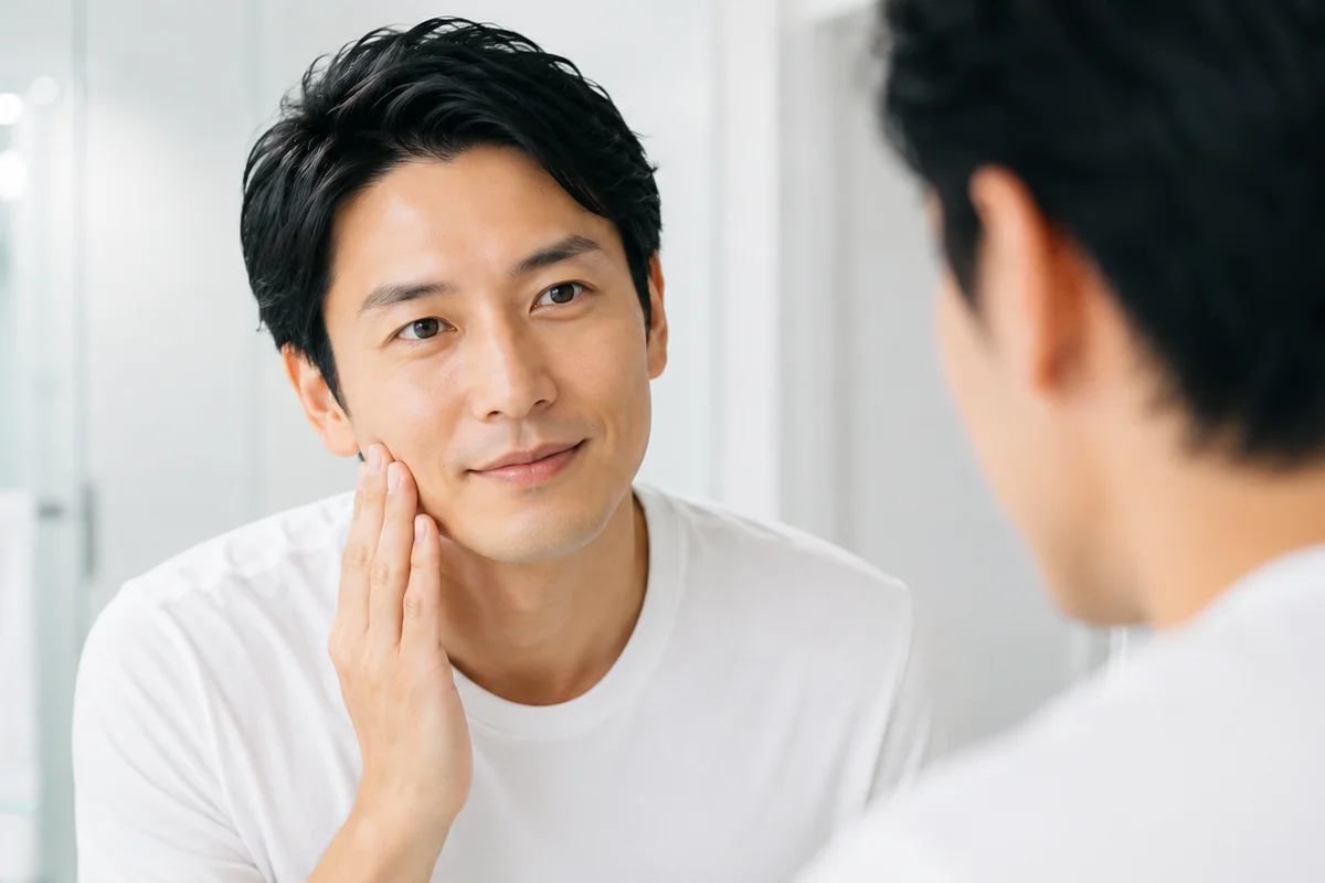 ハイドラフェイシャルの効果を実感する30代男性のスキンケアシーン
