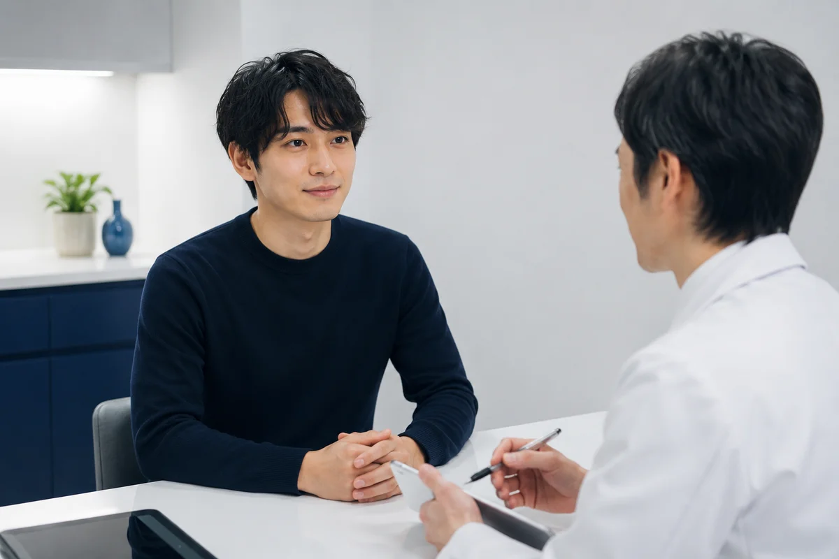 ハイドラフェイシャルの手順を確認するカウンセリングを受ける30代男性