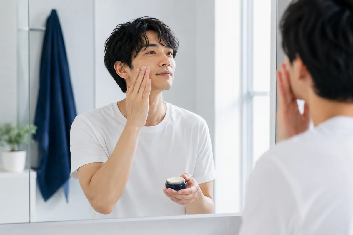 ハイドラフェイシャル施術後のアフターケアを行う30代男性