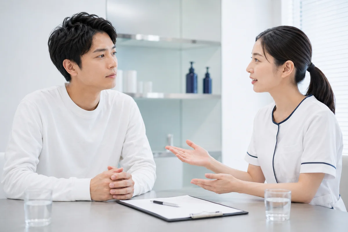 ポテンツァの毛穴ケアについてカウンセリングを受ける30代男性