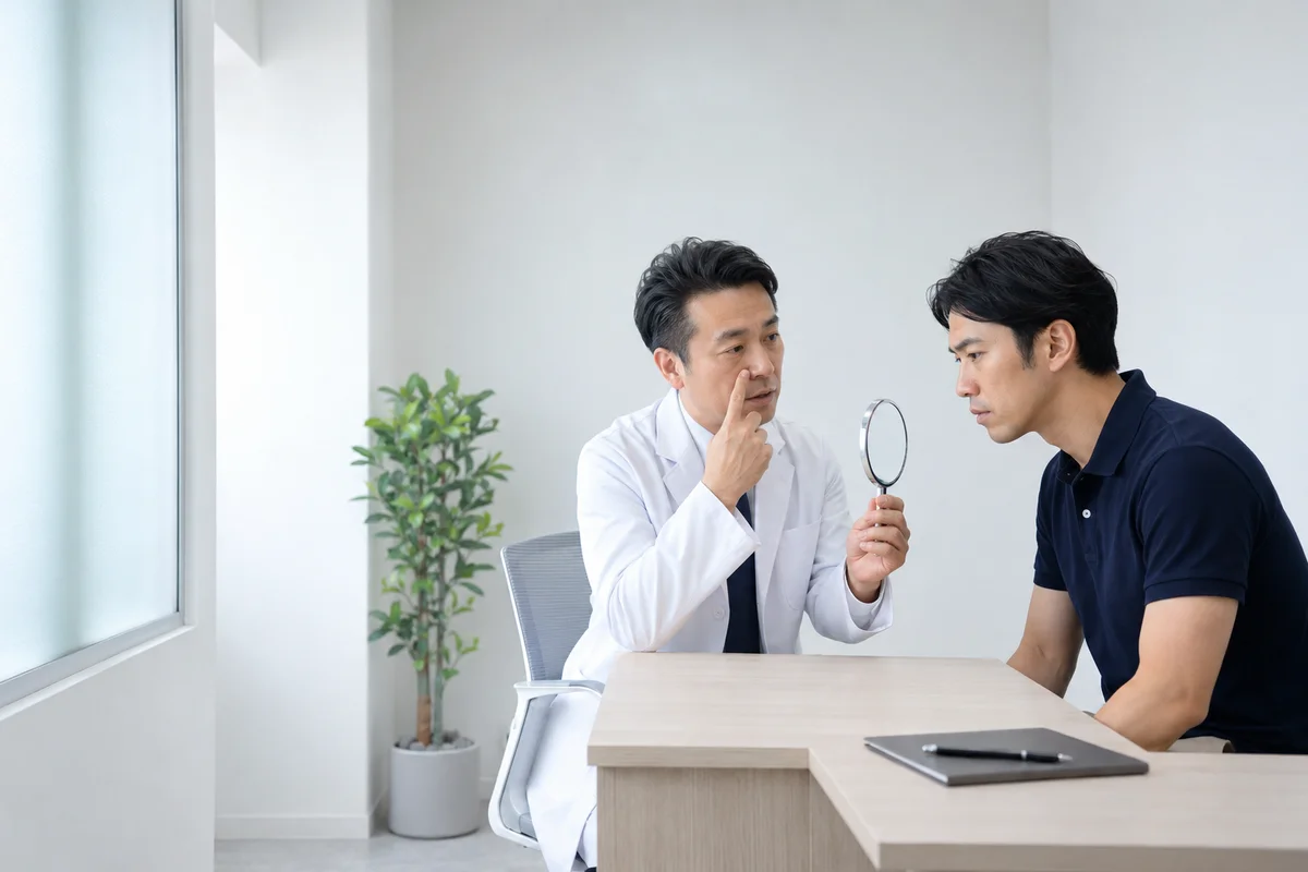 毛穴と皮脂の悩みについて医師に相談する男性