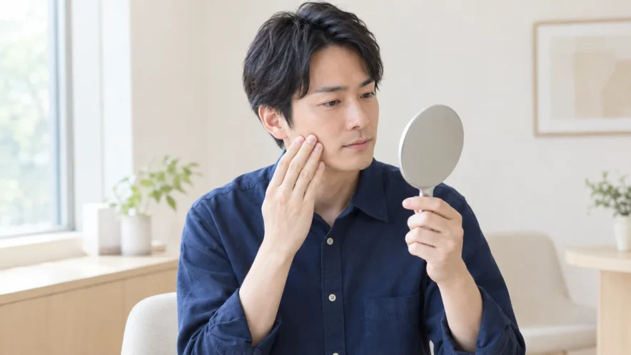 鏡で頬の肌状態を確認する男性
